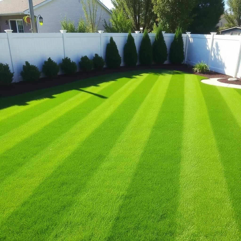 Freshly mowed Oklahoma backyard with crisp diagonal stripes