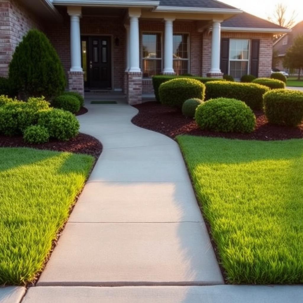 Manicured front lawn with edged sidewalk and mulch beds