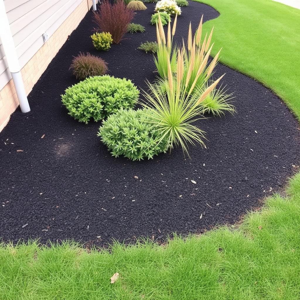 Newly installed garden bed with mulch and landscaping shrubs