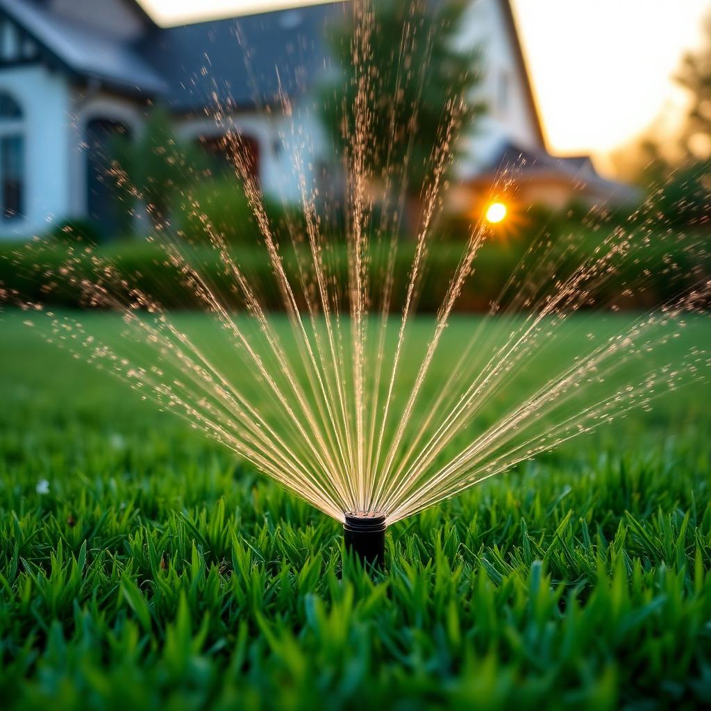Sprinkler irrigation system spraying a green lawn at sunrise