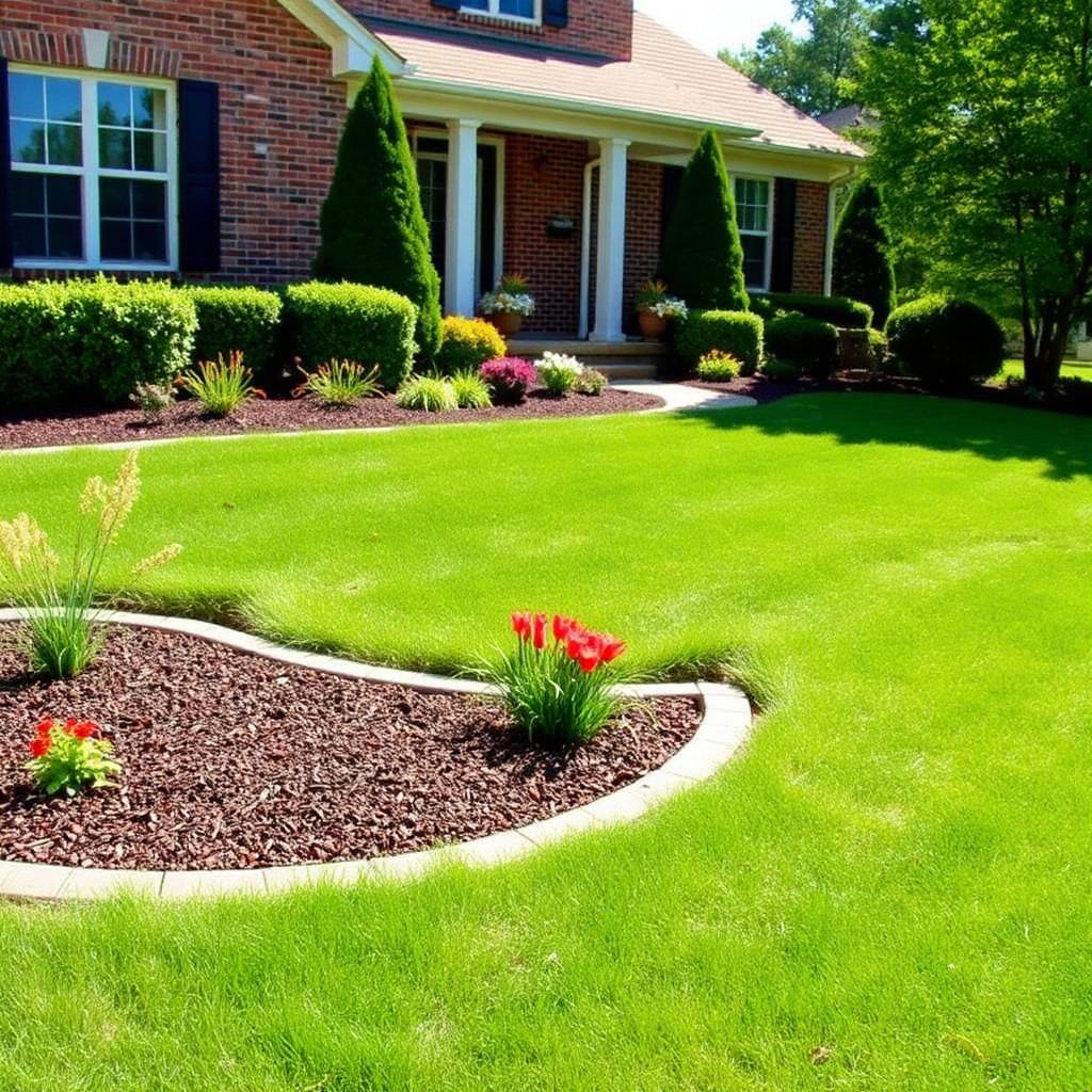 Residential front yard with mulch bed, flowers, and even lawn