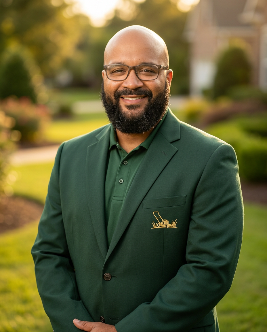Owner of Metro Lawn Pro in company suit on a manicured Oklahoma lawn